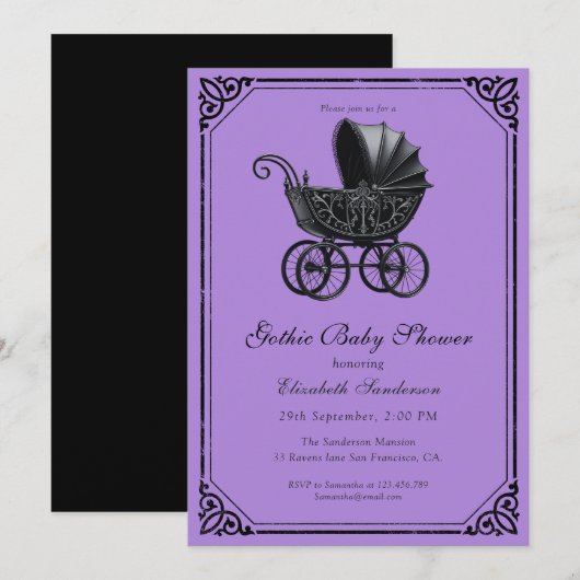 Invitation Baby Shower Chariot gothique noir (Devant / Derrière)