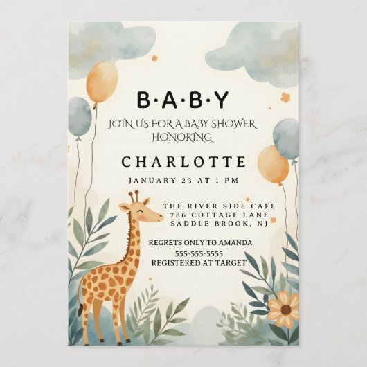 Invitation Baby-Shower Charmant Girafeau (Devant)