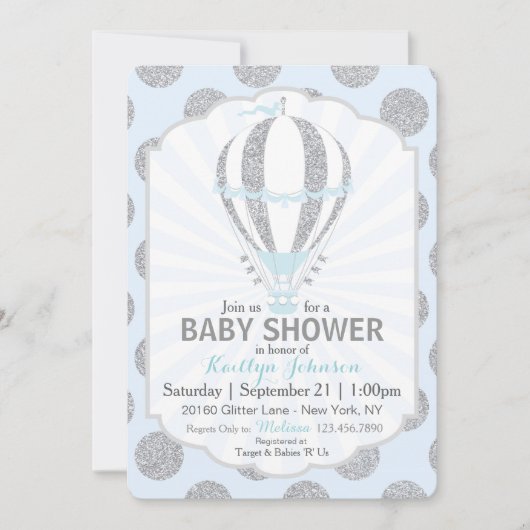 Invitation Baby shower chaud de ballon à air de bleus layette (Devant)