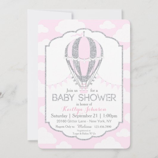 Invitation Baby shower chaud rose de fille de ballon à air (Devant)