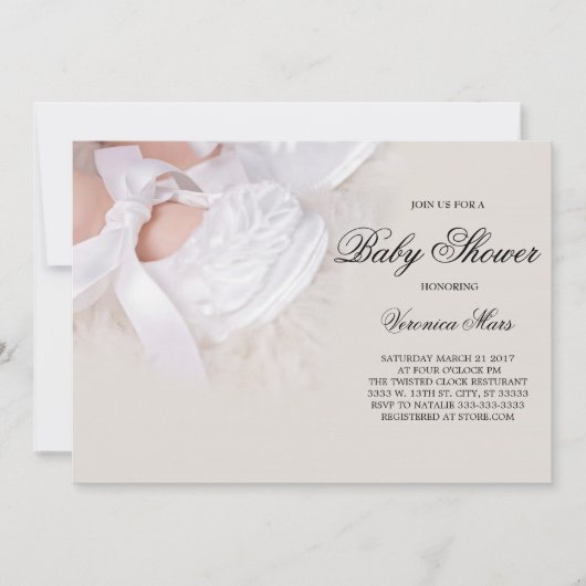 Invitation Baby shower, Chaussures bébé blanches (Devant)