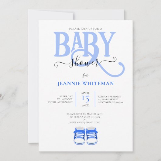 INVITATION BABY-SHOWER, CHAUSSURES BLEUES, TYPOGRAPHIE BLEUE (Devant)