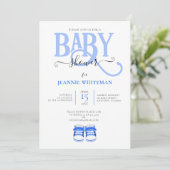 INVITATION BABY-SHOWER, CHAUSSURES BLEUES, TYPOGRAPHIE BLEUE (Debout devant)