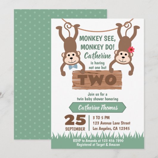 Invitation Baby shower Cheeky Monkey Boy & Girl Twins (Devant / Derrière)