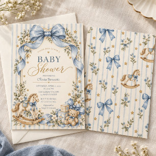 Invitation Baby-Shower Cheval à Bascule Ruban Bleu Vintage