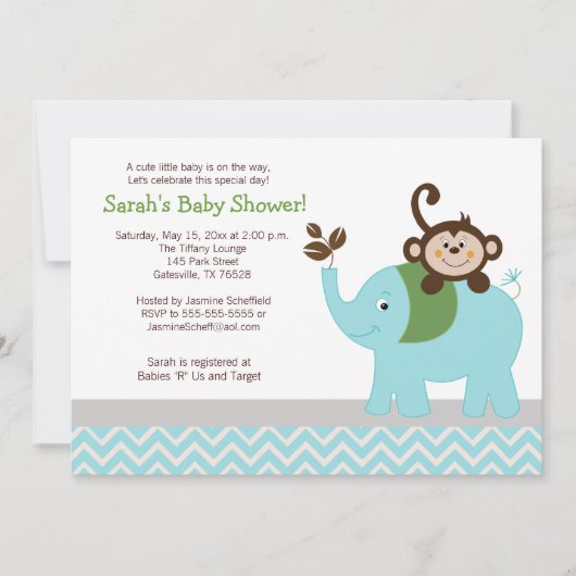 Invitation Baby shower Chevron clair singe et éléphant (Devant)