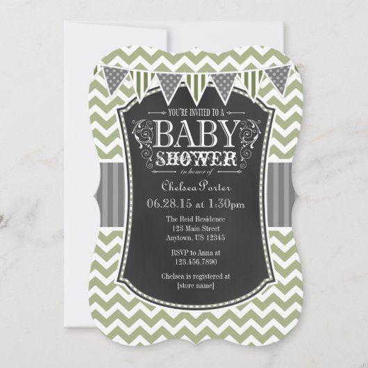 Invitation Baby shower Chevron de Sage Olive Chalkboard (Devant)