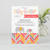 Invitation Baby shower Chevron Elephant Coral Grey (Debout devant)