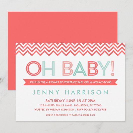 Invitation Baby shower Chevron moderne Coral et Mint (Devant / Derrière)