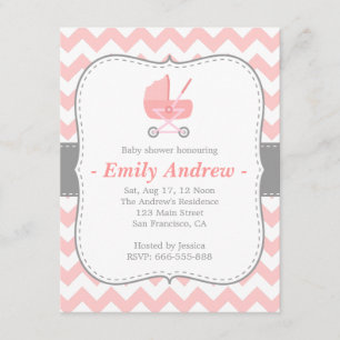 Invitation Baby Shower - Chevron Rose et Blanc avec Poussette