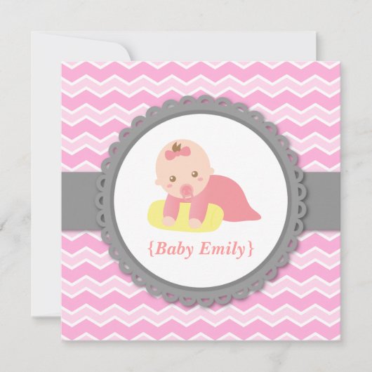 Invitation Baby shower - Chevron rose et blanc, Petite fille (Devant)
