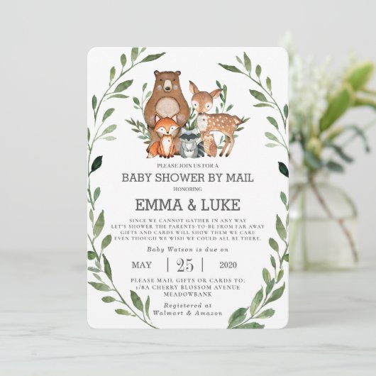 Invitation Baby Shower Chic Animaux de la Forêt par courrier (Debout devant)