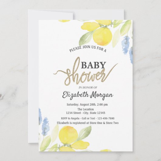 Invitation Baby shower chic aux citrons aquarelles (Devant)