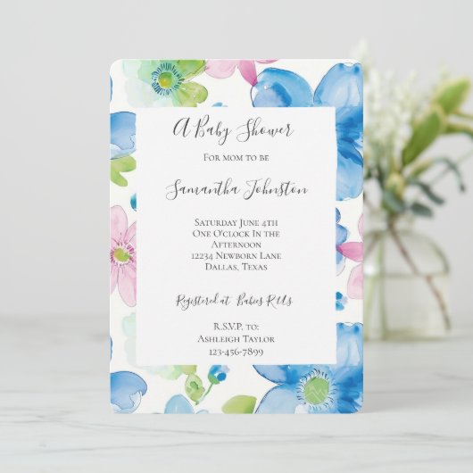 Invitation Baby shower Chic aux Fleurs Roses Bleues (Debout devant)