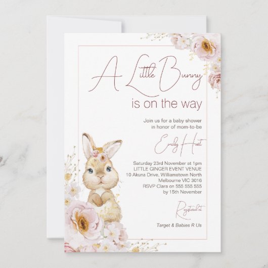 Invitation Baby shower chic Blush Boho Floral Bunny (Devant)
