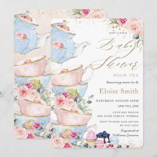 Invitation Baby shower Chic Blush Floral High Tea Party (Devant / Derrière)