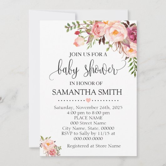 Invitation Baby shower chic boho à fleurs roses (Devant)