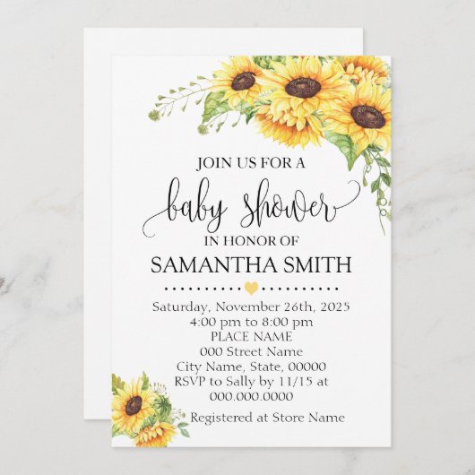 Invitation Baby shower chic boho fleuri et romantique (Devant / Derrière)