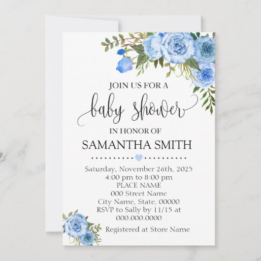 Invitation Baby shower chic boho floral bleu (Devant)