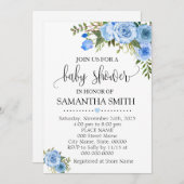 Invitation Baby shower chic boho floral bleu (Devant / Derrière)