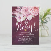 Invitation Baby shower Chic Boho Plumes florales Bourgogne Ro (Debout devant)