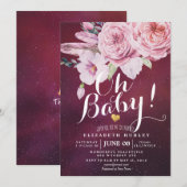 Invitation Baby shower Chic Boho Plumes florales Bourgogne Ro (Devant / Derrière)