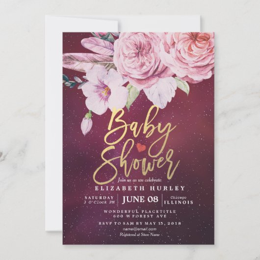 Invitation Baby shower Chic Boho Plumes florales Bourgogne Ro (Devant)