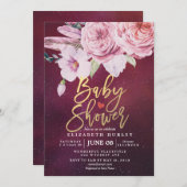 Invitation Baby shower Chic Boho Plumes florales Bourgogne Ro (Devant / Derrière)