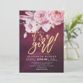 Invitation Baby shower Chic Boho Plumes florales Bourgogne Ro (Debout devant)