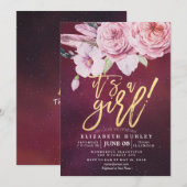 Invitation Baby shower Chic Boho Plumes florales Bourgogne Ro (Devant / Derrière)