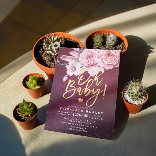 Invitation Baby shower Chic Boho Plumes florales Bourgogne Ro