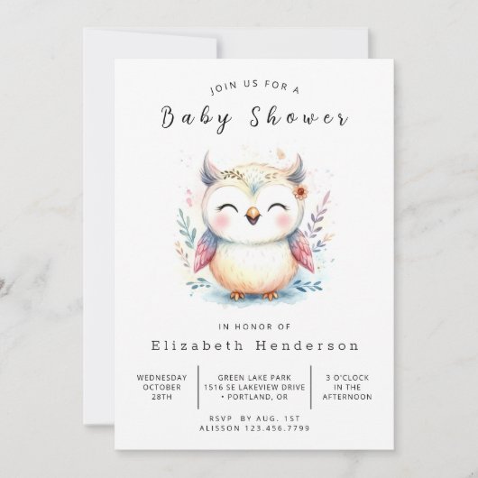 Invitation Baby shower Chic Custom Owl (Devant)