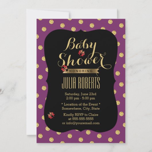 Invitation Baby shower chic de poule et de points d'or Ladybu (Devant)