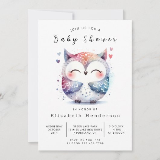 Invitation Baby shower Chic Editable Owl (Devant)