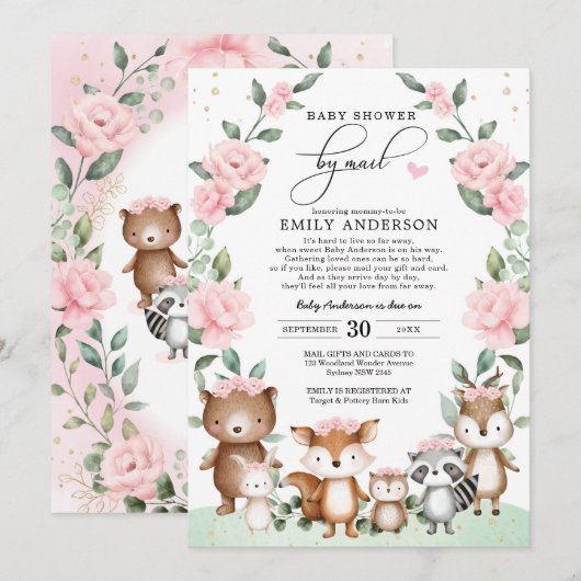 Invitation Baby shower Chic En Bois Par Mail Blush Floral (Devant / Derrière)