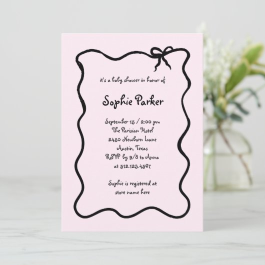 Invitation Baby shower chic français illustré Bow rose (Debout devant)