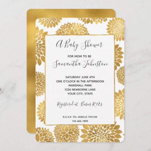 Invitation Baby shower Chic Gold Flowers (Devant / Derrière)