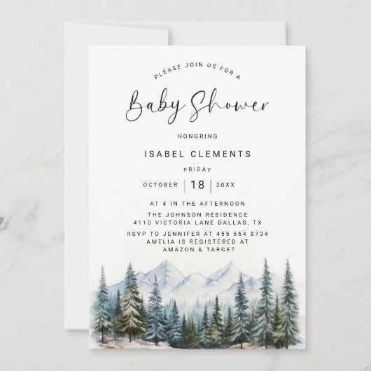 Invitation Baby shower chic hiver & moderne Script (Devant)