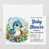 Invitation Baby shower chic Nest Blue Bird Boy (Devant / Derrière)