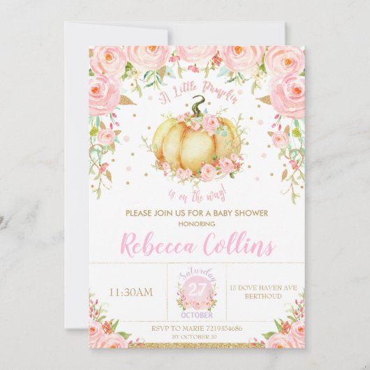 Invitation Baby shower Chic Petit Citrouille Floral Rose (Devant)