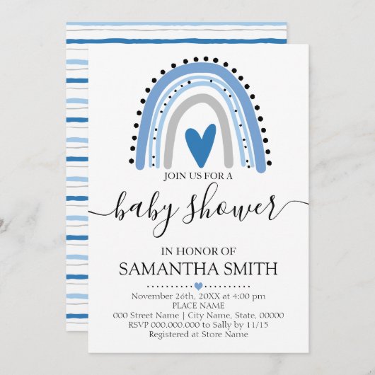 Invitation Baby shower chic Rainbow bleu moderne (Devant / Derrière)