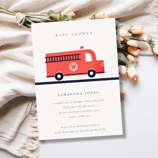 Invitation Baby shower Chic Red Navy Fire Truck En