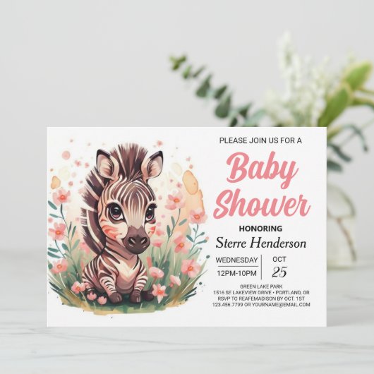 Invitation Baby shower Chic Rose Boho Zebra (Debout devant)
