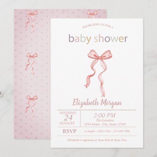 Invitation Baby shower Chic Rose Bow pointillé (Devant / Derrière)