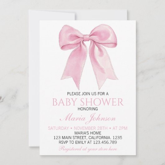 Invitation Baby shower Chic Rose Coquette Bow (Devant)