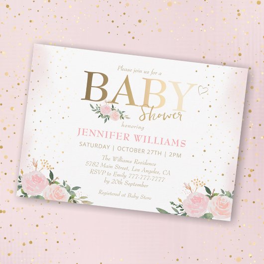 Invitation Baby shower Chic Rose Floral Gold Girl