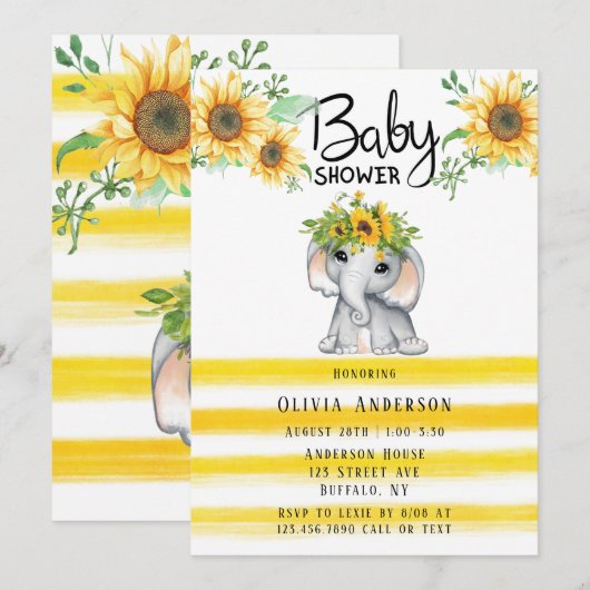 Invitation Baby shower chic Sunflower Elephant Gir (Devant / Derrière)