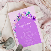 Invitation Baby shower chic violet fleuri arc neutre hello