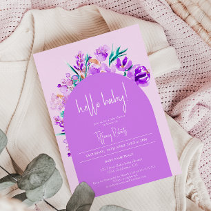 Invitation Baby shower chic violet fleuri arc neutre hello