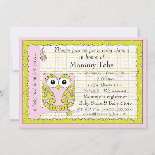 Invitation baby shower Chouette rose verte (Devant)